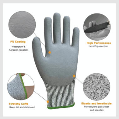 Level 5 PU Coated HPPE Anti Cut Work Gloves for Farming and Glass Work
